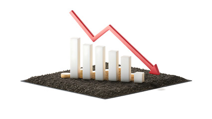 Red Arrow Graph Declining Over White Background With Coins And Soil chart decline