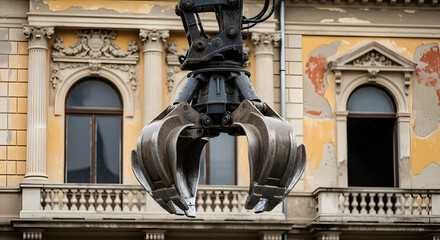 Demolition Claw Gripping Historic Building Urban Renewal Concept