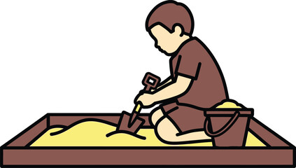 Young boy playing in sandbox with shovel and bucket activity Vector