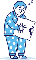 Sleepy person in polka-dot pajamas holding a pillow, feeling tired Vector