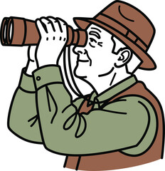Man with hat looking through a monocular, searching perspective. Vector