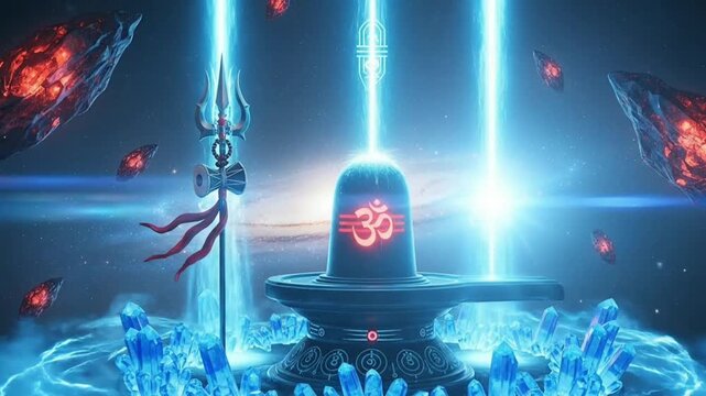Lord Shiva Lingam With Glowing Om Symbol In A Cosmic Setting Surrounded By Bright Blue Crystals Energy Beams Trishul And Rudraksha Representing Spiritual Power Hinduism Mythology Space Fantasy And Div