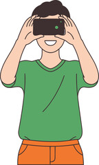 Smiling young man enjoying immersive virtual reality on smartphone Vector