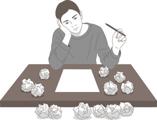 Thoughtful person with creative block, crumpled paper on desk Vector