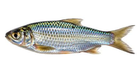 Detailed image of a single shiny silver fish with yellow fins and scales against a transparent background showcasing its natural aquatic form and texture
