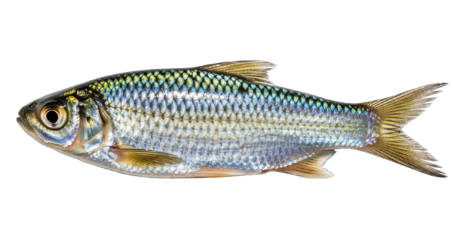 Detailed image of a single shiny silver fish with yellow fins and scales against a transparent background showcasing its natural aquatic form and texture