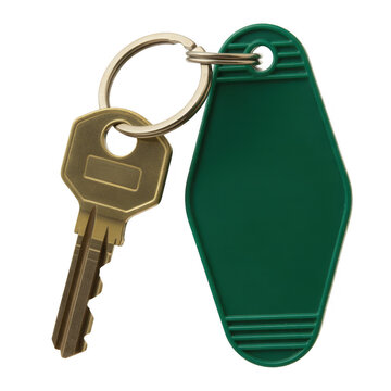 Brass key green motel tag isolated on a transparent background