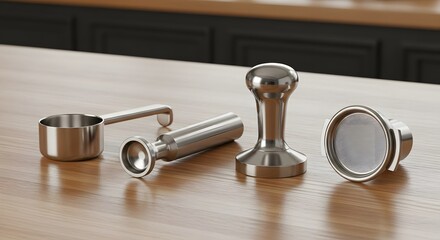 Essential barista equipment coffee tamper scoop and portafilter on a wooden surface