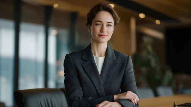 Female attorney standing confidently at the head of a boardroom table, presenting case evidence to clients — an empowering visual that celebrates leadership, gender diversity, and authority in