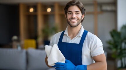 Smiling cleaning specialist entering a cozy apartment holding eco-friendly detergents and microfiber tools — friendly and approachable image showcasing professionalism and customer-oriented service