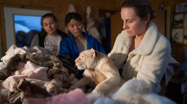 Team of shelter volunteers sorting through donated food, toys, and blankets — a powerful symbol of community generosity, grassroots activism, and collective efforts to support animal adoption and
