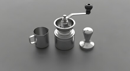 Metallic barista tools a manual coffee grinder milk pitcher and tamper on a clean gray background