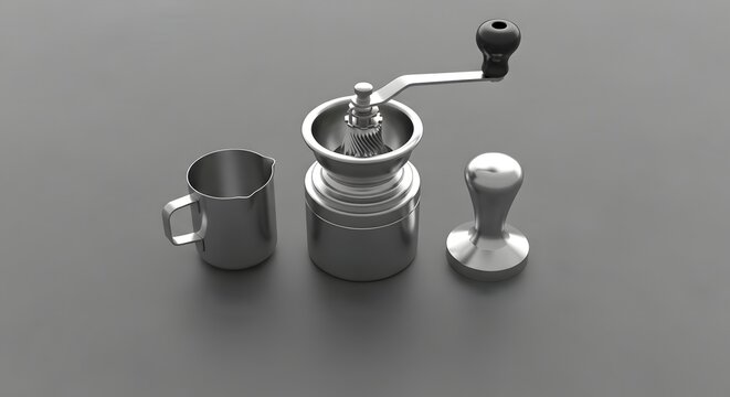 Metallic barista tools a manual coffee grinder milk pitcher and tamper on a clean gray background - Powered by Adobe