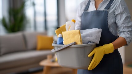 Professional cleaner arriving at a modern suburban home with branded cleaning supplies and protective gloves — visual storytelling of convenience, trust, and premium home cleaning services