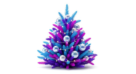 Festive Christmas tree with blue and purple branches decorated with silver ornaments and lights isolated on white background