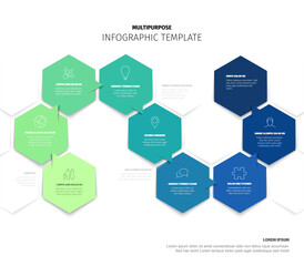 This multipurpose infographic template features a hexagon design for showcasing processes or steps. It's a clean hexagon infographic with seven distinct steps for clear communication.