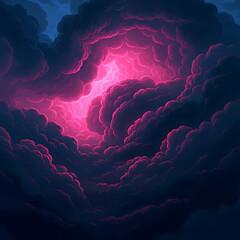 A black and pink cloud in the sky with lightning striking through. Dreamy Cloudscapes & Ethereal Sky Art