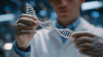 Close-up of holographic DNA strands rotating in midair as the scientist manipulates them with precision gloves — an image symbolizing progress, science-driven innovation, and the fusion of digital