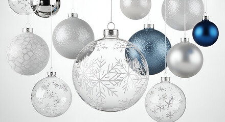 Elegant Christmas ornaments hanging decorations in silver and blue festive holiday background for cards and banners