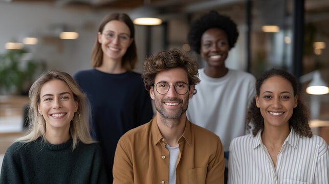 Close-up of virtual onboarding meeting featuring diverse team members smiling across multiple screens — visual symbol of innovation, equality, and technology-driven engagement connecting in-office