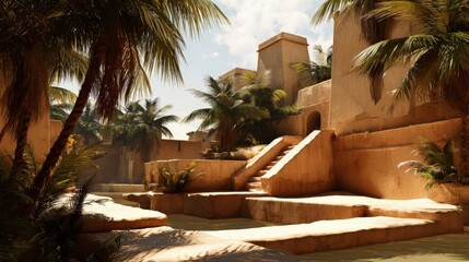 Desert Oasis Architecture Background Ancient clay structures under a blazing sun palm trees swaying warm earthy tones
