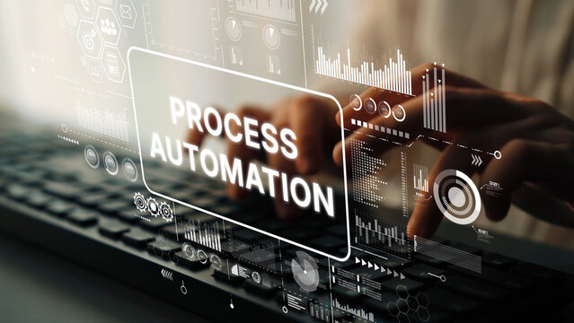 Digital Transformation and Process Automation Concept with Technology Interface and Hands Typing on Keyboard. Asymptotic smart data analytic - Powered by Adobe