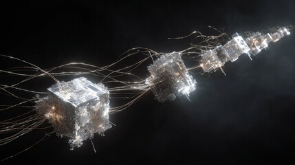Zero-G Architecture Abstract Disconnected architectural fragments drifting in cosmic void tethered by luminous energy threads