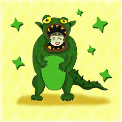 Obraz premium Digital illustration of a child in a scary Halloween costume. A child in a Halloween dinosaur costume with his mouth open and teeth bared.