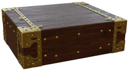 Vintage Wooden Box: A weathered wooden box, adorned with decorative metal corner protectors, stands as a symbol of aged elegance, inviting curiosity and a sense of timeless appeal.