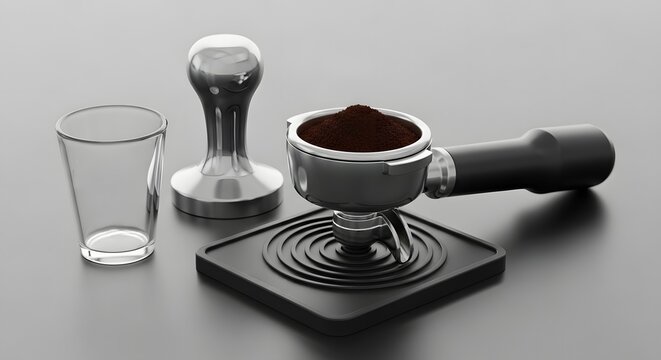 Professional barista tools for espresso preparation portafilter tamper and glass on a grey surface