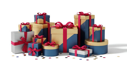 Pile of colorful gift boxes with ribbons festive presents for Christmas and birthdays isolated on white background