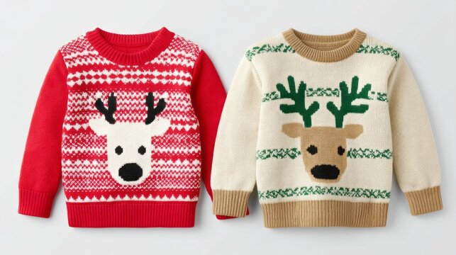 Colorful Christmas sweaters with playful reindeer designs, perfect for spreading holiday cheer during celebrations with family and friends. Shop online for cozy festive apparel! - Powered by Adobe
