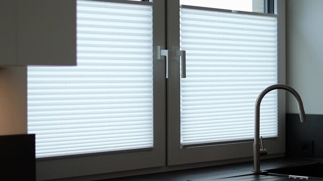 White pleated blinds on two windows in the kitchen, cloudy daylight outside 