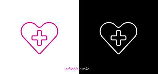 Editable stroke heart, medical cross line art vector design to use for healthcare, hospital, healthy lifestyle, medical laboratory, cardiology project.
