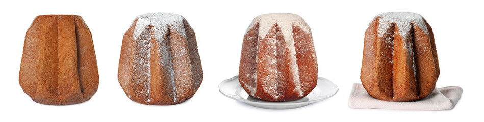 Christmas food. Delicious Pandoro cakes isolated on white, set