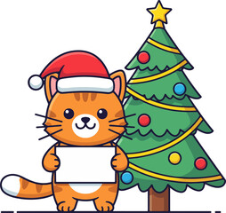 Cute Christmas Cat with Holiday Tree Vector Illustration