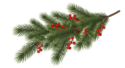 Festive Christmas pine branch with red berries a decorative vector illustration for holiday designs isolated on white background