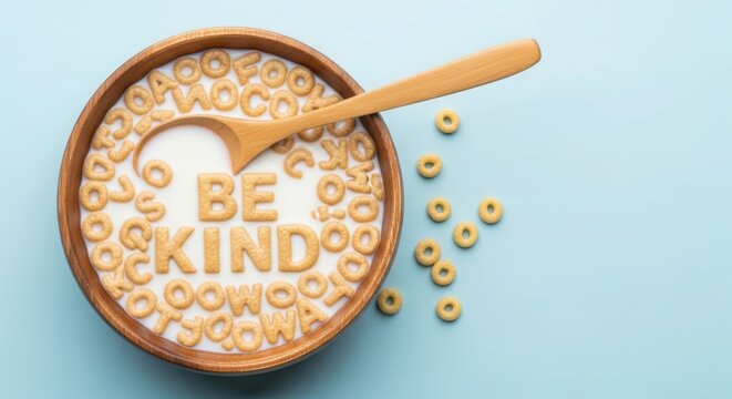 Cereal spelling out Be Kind in a wooden bowl with milk isolated PNG with Transparent Background