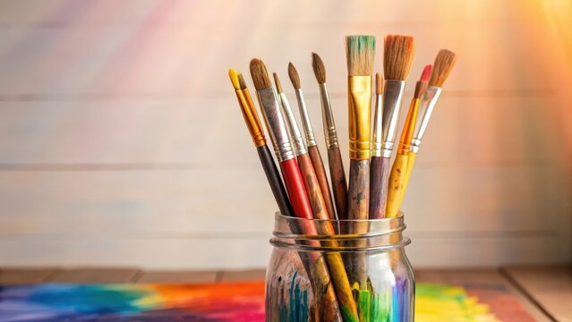 A collection of artist paintbrushes standing upright in a glass jar with vibrant colorful stains illuminated by a warm light