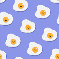 Cute egg seamless pattern. Kawaii background. Breakfast cartoon character.
