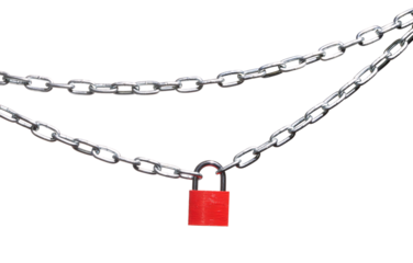 High quality PNG of close up chrome chains with red closed padlock. Isolated image on a transparent background