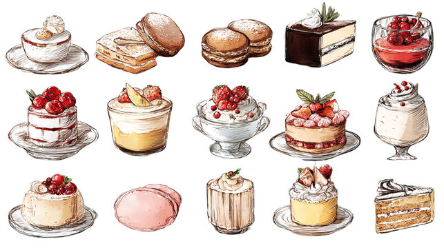 Collection of assorted delicious desserts and cakes, including pastries, macarons, and tarts