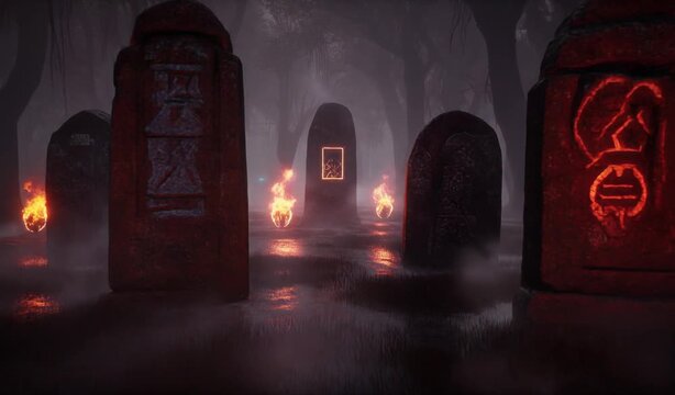 Ancient Glowing Runestones in a Misty Forest with Flickering Flames and Eerie Symbols image photo