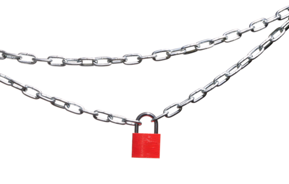 High quality PNG of close up chrome chains with red closed padlock. Isolated image on a transparent background