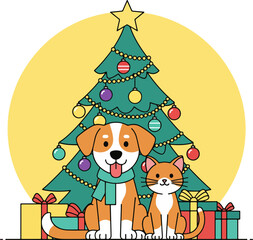 Naklejka premium Cute Dog and Cat with Christmas Tree Illustration