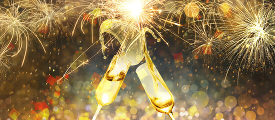 Glasses of sparkling wine clinking on festive background with bokeh lights and fireworks. Happy New Year and Merry Christmas greeting card