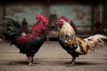 professional cockfighting, two roosters fight with each other as combatants at fighting ring