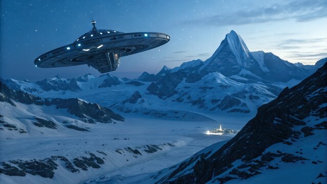 A colossal metal alien spaceship flies over a vast snowy mountain landscape with a remote illuminated settlement
