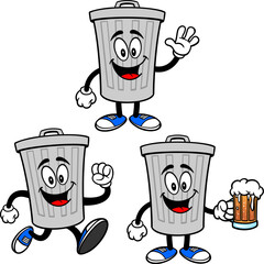 Trash Can Mascot Set 05, Hand Drawn illustrations of Trash Can Mascots in various poses.