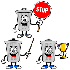 Trash Can Mascot Set 02, Hand Drawn illustrations of Trash Can Mascots in various poses.